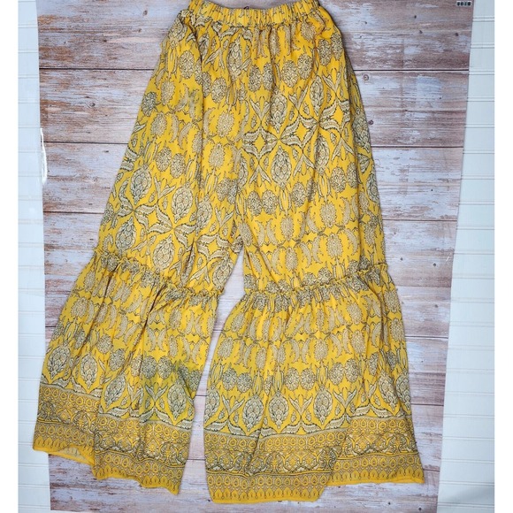 Flying‎ Tomato Women's Yellow Wide Leg Palazzo Pants Paisley Print Lined Small - Picture 1 of 10